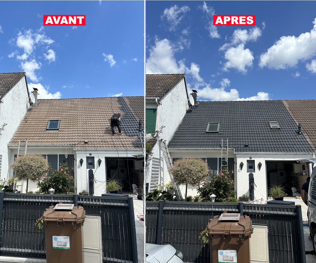 application d'un traitement hydrofuge coloré sur toiture à Rouvres